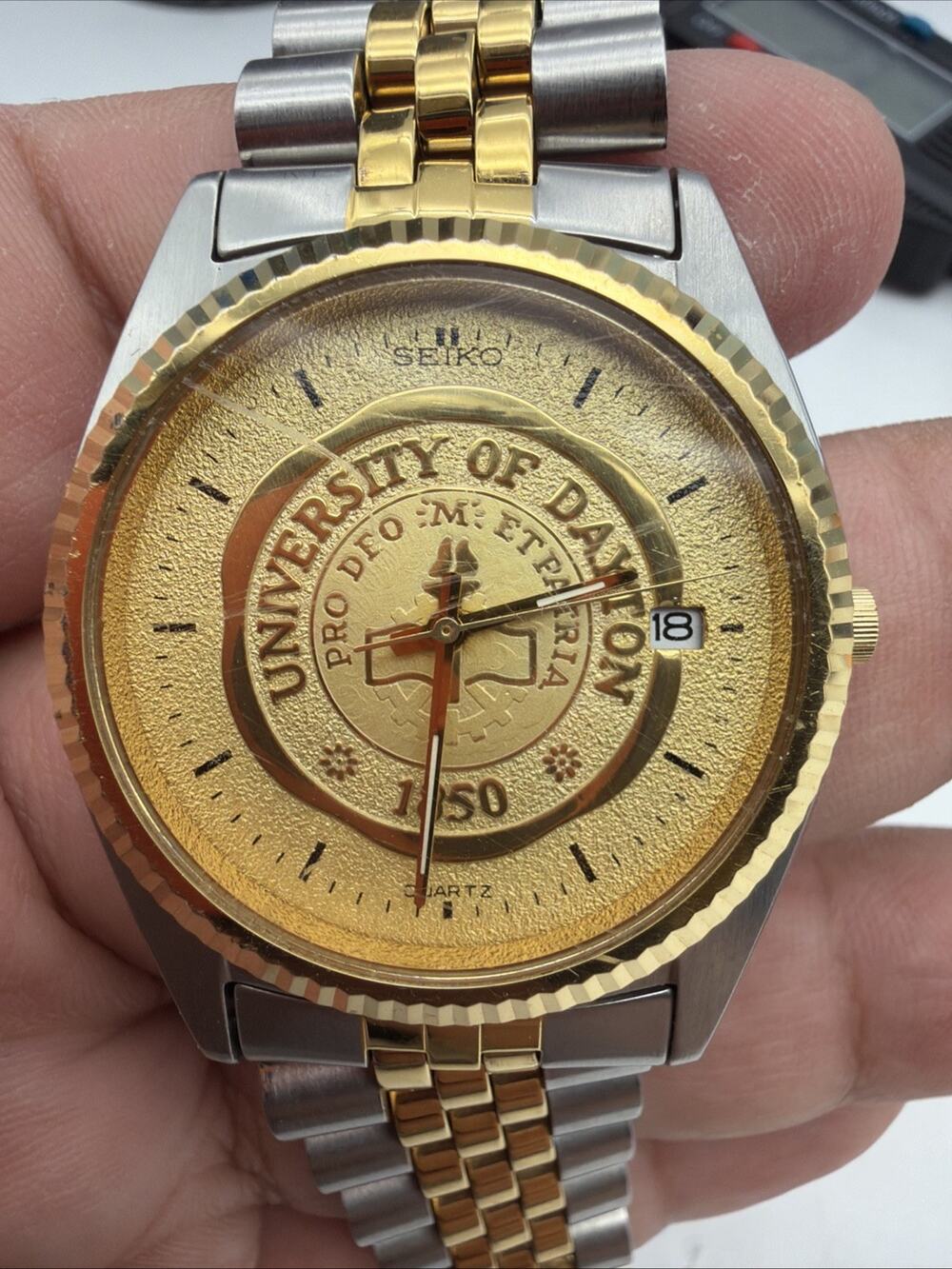 Seiko SQ President Watch Men 36mm Gold Dial Two Tone Date University Of Dayton